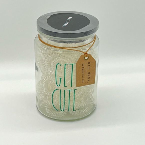 Rae Dunn Get Cute Jar with 60 spiral Hair Ties